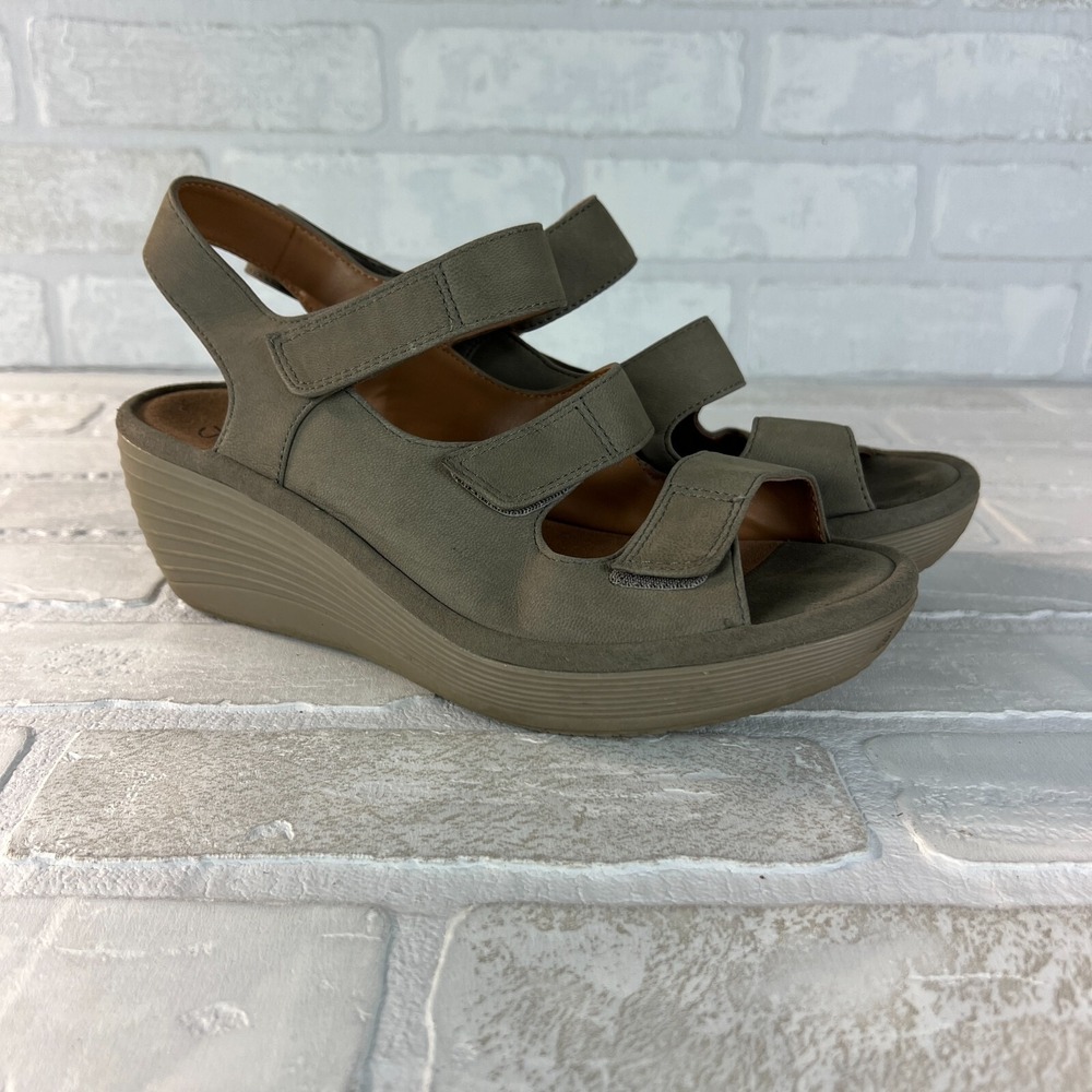 Clarks Sandals Womens 7.5 Gray Sage Reedly Juno Wedge Nubuck Strappy Open Toe